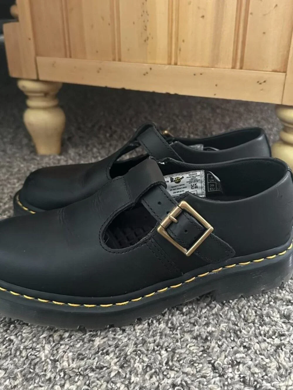Dr. Martens Black Leather Mary Janes with Yellow Stitching